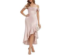 Ever-Pretty Women's Bridesmaid Dress High-Low Satin Cowl Neck Asymmetrical Ruffle Midi Dress for Flowy Wedding Holiday Pink 10UK