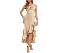 Ever-Pretty Women's Bridesmaid Dress High-Low Satin Cowl Neck Asymmetrical Ruffle Midi Dress for Flowy Wedding Holiday Champagne 14UK
