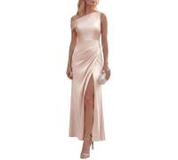 Ever-Pretty Women's Bridesmaid Dress Maxi Satin Asymmetrical with Natural Waist and Short Sleeves Champagne 14UK