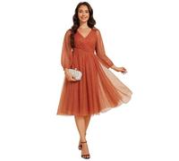 Ever-Pretty Women's Burnt Orange Wedding Dress Size 14UK A-Line Cocktail Dress with V-Neck Puff Sleeves Tea Length Formal/Semi-Formal