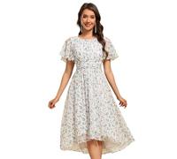 Ever-Pretty Women's Chiffon Crew Neck Pleated Waist Short Sleeve Wedding Guest Dress Bridesmaids Printed Floral White and Green 20UK