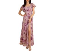 Ever-Pretty Women's Chiffon Square Neck Lotus Sleeve Slit Floor Length Bridesmaid Dress Light Purple Print 8UK