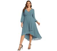 Ever-Pretty Women's Chiffon V Neck 3/4 Sleeves Pleated A-Line Midi Length Wedding Guest Dress Dusty Blue 18UK