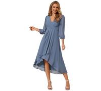 Ever-Pretty Women's Chiffon V Neck 3/4 Sleeves Pleated A-Line Midi Length Wedding Guest Dress Dusty Navy 6UK