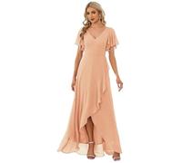 Ever-Pretty Women's Chiffon V Neck Ruffle Maxi Evening Prom Dress Plus Size Peach Pink 26UK