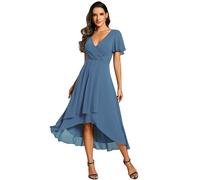 Ever-Pretty Women's Chiffon V-Neck Short Wedding Guest Dress with Ruffled Sleeves Dusty Navy 20UK
