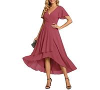 Ever-Pretty Women's Chiffon V-Neck Short Wedding Guest Dress with Ruffled Sleeves Muted Rose 12