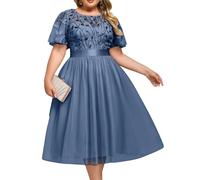 Ever-Pretty Women's Crew Neck Beads Tulle Ruffle Sleeve Midi Length Evening Dress Dusty Blue 16UK