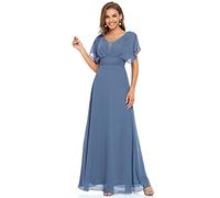 Ever-Pretty Women's Double V Neck Elegant Short Sleeve Empire Waist A Line Chiffon Formal Evening Dresses Denim Blue 14UK