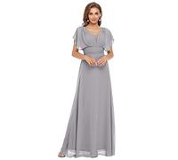 Ever-Pretty Women's Double V Neck Elegant Short Sleeve Empire Waist A Line Chiffon Formal Evening Dresses Grey 14UK