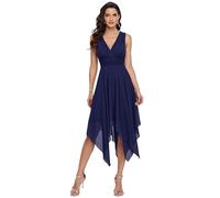 Ever-Pretty Women's Double V Neck Empire Waist Midi Asymmetrial Hem Short Cocktail Dresses Navy Blue 22UK