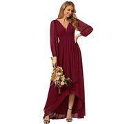 Ever-Pretty Women's Double V-Neck Sheer Long Sleeves High-Low Chiffon A-Line Evening Dresses Burgundy 10UK