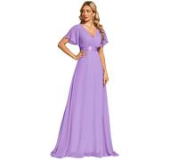 Ever-Pretty Women's Double V-Neck Short Flutter Sleeves Empire Waist Elegant Chiffon Long Evening Dresses Lavender 24