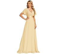 Ever-Pretty Women's Double V-Neck Short Flutter Sleeves Empire Waist Elegant Chiffon Long Evening Dresses Yellow 8UK