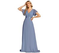 Ever-Pretty Women's Double V-Neck Short Flutter Sleeves Empire Waist Elegant Chiffon Long Evening Dresses Slate Blue 20