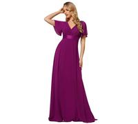 Ever-Pretty Women's Double V-Neck Short Flutter Sleeves Empire Waist Elegant Chiffon Long Evening Dresses Fuchsia 10UK