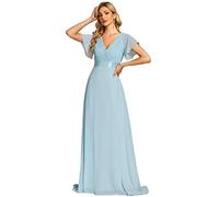 Ever-Pretty Women's Double V-Neck Short Flutter Sleeves Empire Waist Elegant Chiffon Long Evening Dresses Blue 10UK