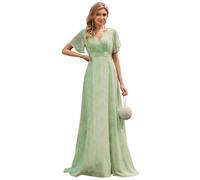 Ever-Pretty Women's Double V-Neck Short Flutter Sleeves Empire Waist Elegant Chiffon Long Evening Dresses Light Green Roses 18UK