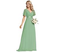 Ever-Pretty Women's Double V-Neck Short Flutter Sleeves Empire Waist Elegant Chiffon Long Evening Dresses Sage Green 18