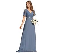Ever-Pretty Women's Double V-Neck Short Flutter Sleeves Empire Waist Elegant Chiffon Long Evening Dresses Dusty Navy 6UK