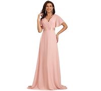 Ever-Pretty Women's Double V-Neck Short Flutter Sleeves Empire Waist Elegant Chiffon Long Evening Dresses Pink 6UK