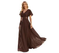 Ever-Pretty Women's Double V-Neck Short Flutter Sleeves Empire Waist Elegant Chiffon Long Evening Dresses Espresso 22