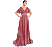 Ever-Pretty Women's Double V-Neck Short Flutter Sleeves Empire Waist Elegant Chiffon Long Evening Dresses Came Brown 8UK