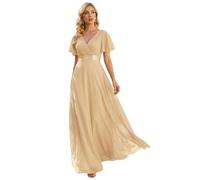 Ever-Pretty Women's Double V-Neck Short Flutter Sleeves Empire Waist Elegant Chiffon Long Evening Dresses Champagne 30