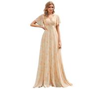 Ever-Pretty Women's Double V-Neck Short Flutter Sleeves Empire Waist Elegant Chiffon Long Evening Dresses Golden Roses 22UK