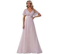 Ever-Pretty Women's Double V-Neck Short Flutter Sleeves Empire Waist Elegant Chiffon Long Evening Dresses Lilac 24UK