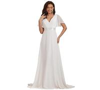 Ever-Pretty Women's Double V-Neck Short Flutter Sleeves Empire Waist Elegant Chiffon Long Evening Dresses White 6UK
