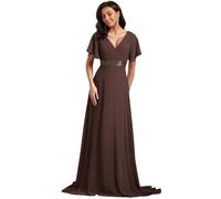 Ever-Pretty Women's Double V-Neck Short Flutter Sleeves Empire Waist Elegant Chiffon Long Evening Dresses Espresso 20