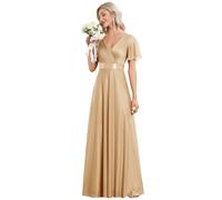 Ever-Pretty Women's Double V-Neck Short Flutter Sleeves Empire Waist Elegant Chiffon Long Evening Dresses Gold 20
