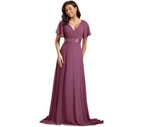Ever-Pretty Women's Double V-Neck Short Flutter Sleeves Empire Waist Elegant Chiffon Long Evening Dresses Damson 8