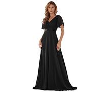 Ever-Pretty Women's Double V-Neck Short Flutter Sleeves Empire Waist Elegant Chiffon Long Evening Dresses Black 6UK
