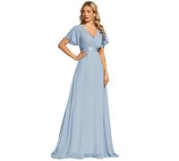 Ever-Pretty Women's Double V-Neck Short Flutter Sleeves Empire Waist Elegant Chiffon Long Evening Dresses Ice Blue 14