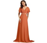 Ever-Pretty Women's Double V-Neck Short Flutter Sleeves Empire Waist Elegant Chiffon Long Evening Dresses Brandied Melon 8