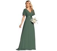 Ever-Pretty Women's Double V-Neck Short Flutter Sleeves Empire Waist Elegant Chiffon Long Evening Dresses Eucalyptus 20UK