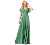 Ever-Pretty Women's Double V-Neck Short Flutter Sleeves Empire Waist Elegant Chiffon Long Mother of The Bride Dresses Green Blue 18UK