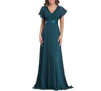 Ever-Pretty Women's Double V-Neck Short Flutter Sleeves Empire Waist Elegant Chiffon Long Plus Size Evening Dresses Teal 12UK