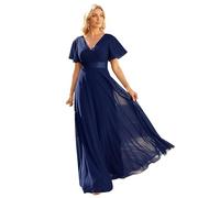 Ever-Pretty Women's Double V-Neck Short Flutter Sleeves Empire Waist Elegant Chiffon Long Plus Size Evening Dresses Navy Blue 24UK