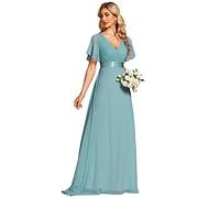 Ever-Pretty Women's Double V-Neck Short Flutter Sleeves Empire Waist Elegant Chiffon Long Plus Size Evening Dresses Dusty Blue 30UK
