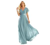 Ever-Pretty Women's Double V-Neck Short Flutter Sleeves Empire Waist Elegant Chiffon Long Plus Size Evening Dresses Dusty Blue 20UK