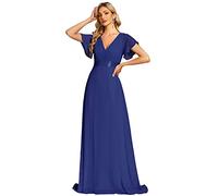 Ever-Pretty Women's Double V Neck Short Sleeves A Line Chiffon Long Bridesmaid Dresses Sapphire Blue 26UK