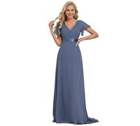 Ever-Pretty Women's Double V Neck with Short Sleeve A Line Empire Chiffon Long Bridesmaid Dresses Dusty Navy 20UK