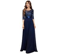 Ever-Pretty Women's Elegant 3/4 Sleeves Sequin Empire Waist A Line Chiffon Evening Party Dresses Navy Blue 20UK
