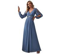 Ever-Pretty Women's Elegant A-Line Deep V-Neck Appliques Pleated Long Sleeve Bridesmaid Dress Dusty Navy 20UK