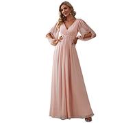Ever-Pretty Women's Elegant A-Line Deep V-Neck Appliques Pleated Long Sleeve Bridesmaid Dress Pink 16UK