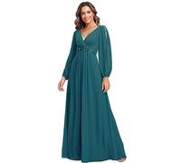 Ever-Pretty Women's Elegant A-Line Deep V-Neck Appliques Pleated Long Sleeve Bridesmaid Dress Teal 10UK