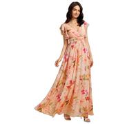 Ever-Pretty Women's Elegant Long Bridesmaid Wedding Guest Dress Chiffon A-Line Ruffles Sleeve Peach Fuzz18UK